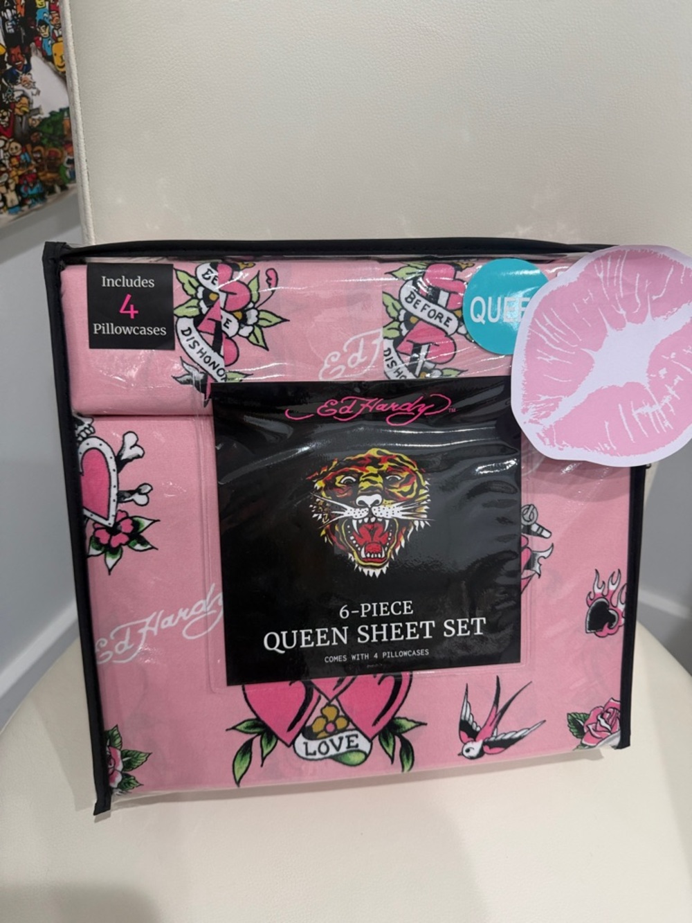 Ed Hardy Pink Queen Sheet Set with Tattoo Heart & Tiger Motifs